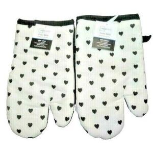 Black Hearts on White Oven Mitts 2-Pc Kitchen Valentine's Day Holiday Cotton NEW